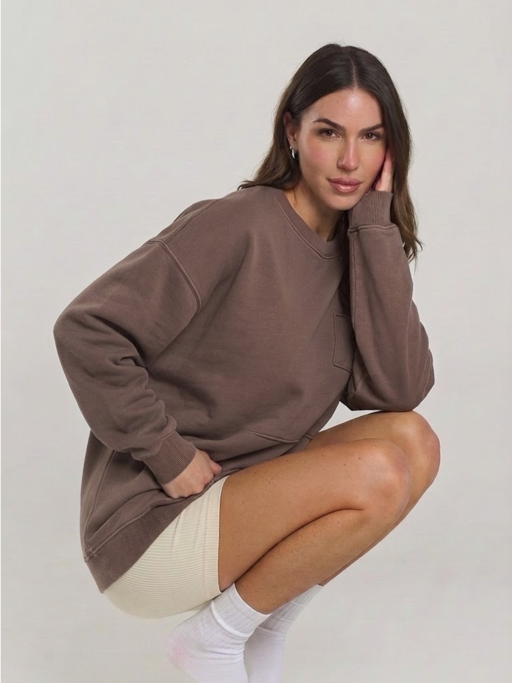 Aerie Oversized Pocket Crewneck Sweatshirt Brown Mauve Cozy Slouchy Large